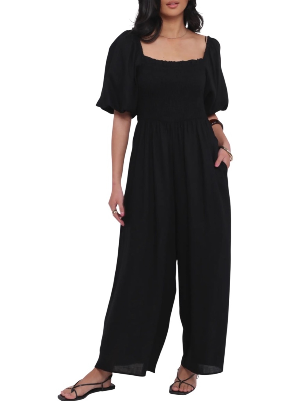 New Petal & Pup Smocked Puff Sleeve Wide Leg Jumpsuit Size XL